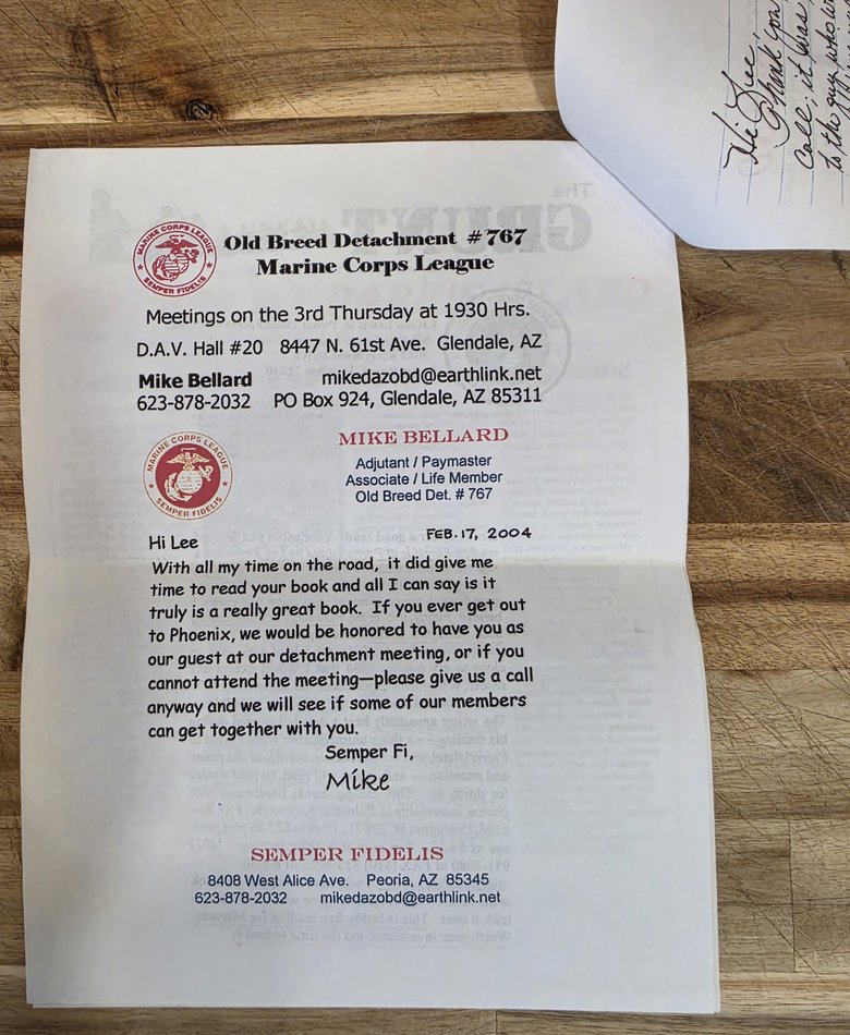 Letter from Mike Bellard, Marine Corps League
